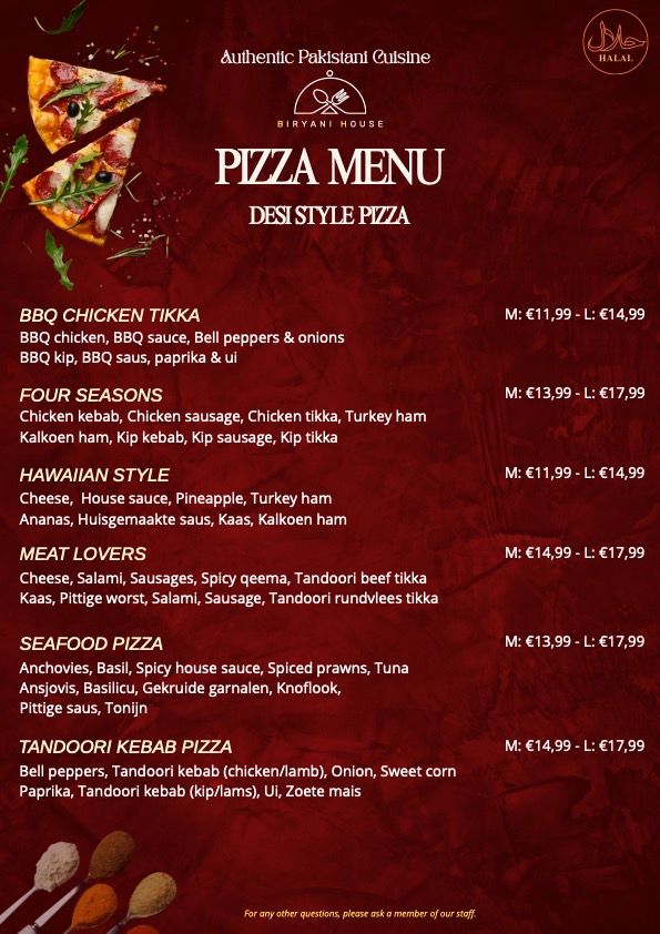 Desi Style Pizza Menu